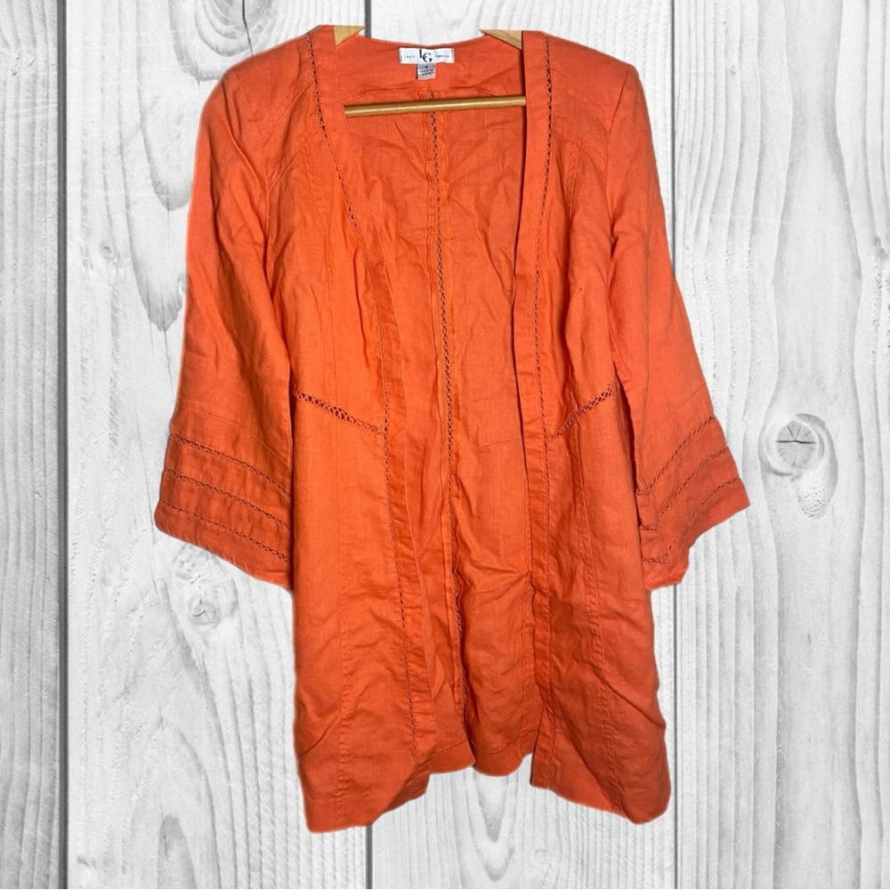 Lena Gabrielle Open Front 100% Linen Jacket Size‎ 4 Orange 3/4 Sleeves Lagenlook